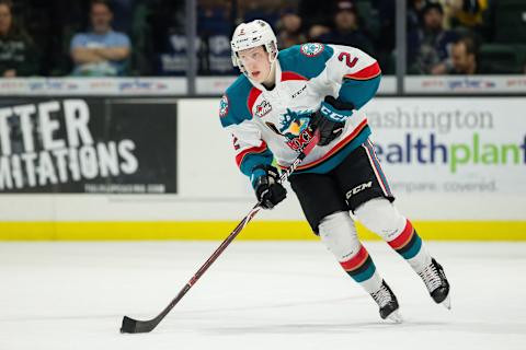 EVERETT, WA – NOVEMBER 24: Kelowna Rockets defenseman Lassi Thomson (2) carries the puck up ice in the first period during a game between the Kelowna Rockets and the Everett Silvertips on Saturday, November 24, 2018 at Angel of the Winds Arena in Everett, WA. (Photo by Christopher Mast/Icon Sportswire via Getty Images)