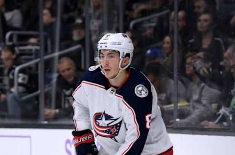 LOS ANGELES, CA – NOVEMBER 03: Zach Werenski #8 of the Columbus Blue Jackets controls the puck behind the net during the game against the Los Angeles Kings at Staples Center on November 3, 2018 in Los Angeles, California. (Photo by Harry How/Getty Images)