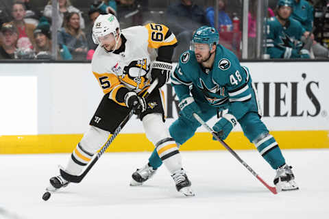 Nov 4, 2023; San Jose, California, USA; Pittsburgh Penguins defenseman Erik Karlsson. Mandatory Credit: Darren Yamashita-USA TODAY Sports