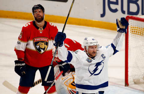 SUNRISE, FL – OCTOBER 30: Steven Stamkos #91 of the Tampa Bay Lightning celebrates his goal against the Florida Panthers at the BB&T Center on October 30, 2017 in Sunrise, Florida. (Photo by Eliot J. Schechter/NHLI via Getty Images)