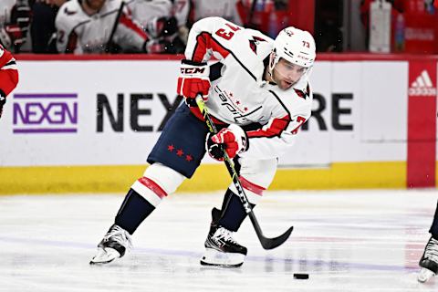 Dec 13, 2022; Chicago, Illinois, USA; Washington Capitals forward Conor Sheary (73) skates against the Chicago Blackhawks at United Center. Mandatory Credit: Jamie Sabau-USA TODAY Sports