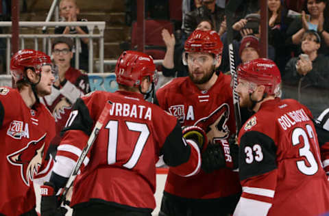 GLENDALE, AZ – DECEMBER 21: Martin Hanzal #11 of the Arizona Coyotes is congratulated by teammates Oliver Ekman-Larsson #23, Radim Vrbata #17 and Alex Goligoski #33 after his second period goal against the Edmonton Oilers at Gila River Arena on December 21, 2016 in Glendale, Arizona. (Photo by Norm Hall/NHLI via Getty Images)