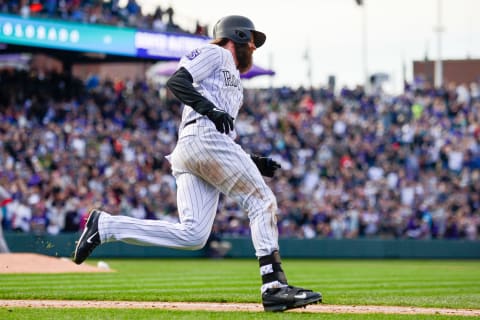 DENVER, CO – SEPTEMBER 30: Charlie Blackmon #19 of the Colorado Rockies rounds first base on his way to an eighth inning double to complete the cycle against the Washington Nationals at Coors Field on September 30, 2018 in Denver, Colorado. (Photo by Dustin Bradford/Getty Images)