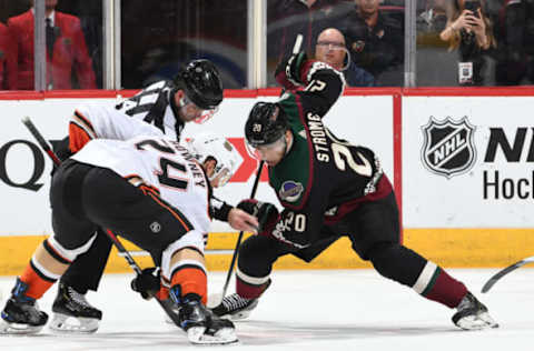 GLENDALE, AZ – OCTOBER 06: Dylan Strome #20 of the Arizona Coyotes takes a faceoff against Carter Rowney #24 of the Anaheim Ducks at Gila River Arena on October 6, 2018, in Glendale, Arizona. (Photo by Norm Hall/NHLI via Getty Images)