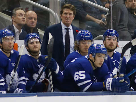 Oct 29, 2019; Toronto, Ontario, CAN; Toronto Maple Leafs head coach Mike Babcock looks on from the bench during a game against the Washington Capitals at Scotiabank Arena. Washington defeated Toronto in overtime. Mandatory Credit: John E. Sokolowski-USA TODAY Sports