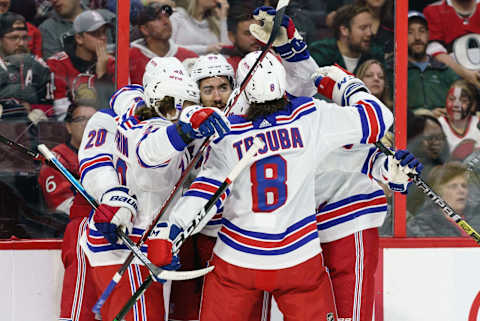 Mika Zibanejad #93 of the New York Rangers celebrates his first period power-play goal (Photo by Jana Chytilova/Freestyle Photography/Getty Images)