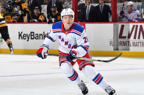 PITTSBURGH, PA – APRIL 06: Jimmy Vesey #26 of the New York Rangers skates against the Pittsburgh Penguins at PPG Paints Arena on April 6, 2019 in Pittsburgh, Pennsylvania. (Photo by Joe Sargent/NHLI via Getty Images)