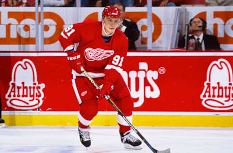 Unknown Date, 2002; Detroit, MI, USA; FILE PHOTO; Detroit Red Wings center Sergei Fedorov (91) in action against the San Jose Sharks at Joe Louis Arena. Mandatory Credit: Lou Capozzola-USA TODAY NETWORK