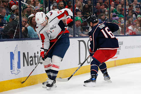 Max Domi, Garnet Hathaway, Washington Capitals Mandatory Credit: Russell LaBounty-USA TODAY Sports