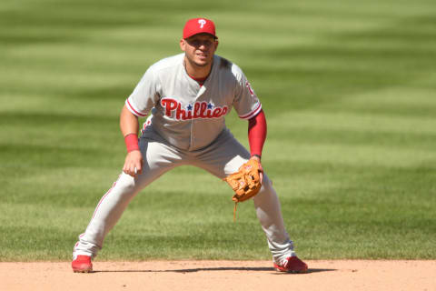 WASHINGTON, DC – AUGUST 23: Asddrubal Cabrera #13 of the Philadelphia Phillies in position during a baseball game against the Washington Nationals at Nationals Park on August 23, 2018 in Washington, DC. (Photo by Mitchell Layton/Getty Images)