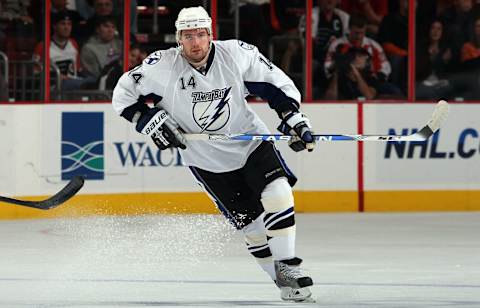 PHILADELPHIA – NOVEMBER 02: Andrej Meszaros #14 of the Tampa Bay Lightning skates against the Philadelphia Flyers on November 2, 2009 at Wachovia Center in Philadelphia, Pennsylvania. The Flyers won the game 6-2. (Photo by Jim McIsaac/Getty Images)