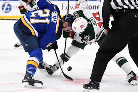 May 8, 2022; St. Louis, Missouri, USA; Minnesota Wild center Tyson Jost (10)  . Mandatory Credit: Jeff Le-USA TODAY Sports