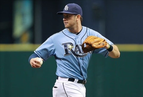 September 23, 2012; St. Petersburg, FL, USA; Tampa Bay Rays third baseman Evan Longoria (3) against the Toronto Blue Jays at Tropicana Field. Mandatory Credit: Kim Klement-US PRESSWIRE. MLB.