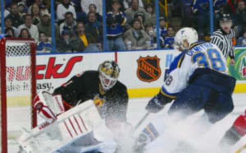 ST. LOUIS – FEBRUARY 17: Pavol Demitra #38 of the St. Louis Blues tries to get one past Roman Turek #1 of the Calgary Flames on February 17, 2003 at the Savvis Center in St. Louis, Missouri. The Blues won 5-3.(Photo by Elsa/Getty Images/NHLI)