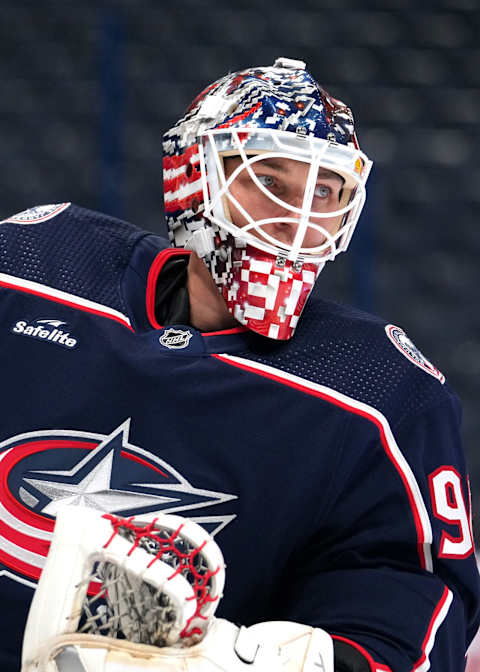 COLUMBUS, OHIO – OCTOBER 04: Elvis Merzlikins #90 of the Columbus Blue Jackets skates in warm-ups prior to the preseason game against Buffalo Sabres at Nationwide Arena on October 04, 2023 in Columbus, Ohio. (Photo by Jason Mowry/Getty Images)