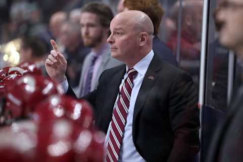 CHICAGO, IL – APRIL 06: Denver Pioneers head coach Jim Montgomery looks on during the second period of the NCAA Frozen Four semifinal game between the Denver Pioneers and the Notre Dame Fighting Irish on April 6, 2017, at the United Center in Chicago, IL. (Photo by Robin Alam/Icon Sportswire via Getty Images)