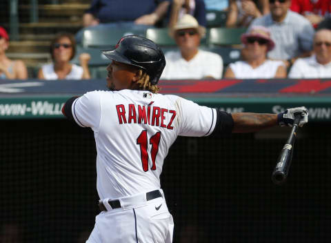 CLEVELAND, OH – AUGUST 29: Jose Ramirez #11 of the Cleveland Indians in action against the Boston Red Sox during the game at Progressive Field on August 29, 2021 in Cleveland, Ohio. (Photo by Justin K. Aller/Getty Images)