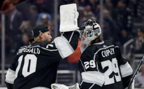 LOS ANGELES, CALIFORNIA – MARCH 02: Pheonix Copley #29 of the Los Angeles Kings celebrates a 3-2 Kings win over the Montreal Canadiens with Joonas Korpisalo #70 at Crypto.com Arena on March 02, 2023 in Los Angeles, California. (Photo by Harry How/Getty Images)