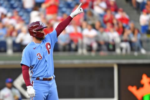 May 5, 2022; Philadelphia, Pennsylvania, USA; Philadelphia Phillies right fielder Bryce Harper (3) stands an second base after hitting an RBI double against the New York Mets during the first inning at Citizens Bank Park. Mandatory Credit: Eric Hartline-USA TODAY Sports