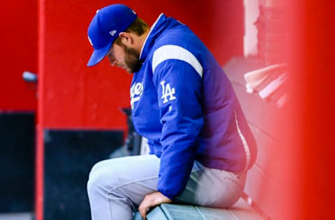 PHOENIX, AZ – MAY 01: Los Angeles Dodgers starting pitcher Clayton Kershaw (22) sits in the dugout before the MLB baseball game between the Arizona Diamondbacks and the Los Angeles Dodgers on May 1, 2018 at Chase Field in Phoenix, AZ (Photo by Adam Bow/Icon Sportswire via Getty Images)