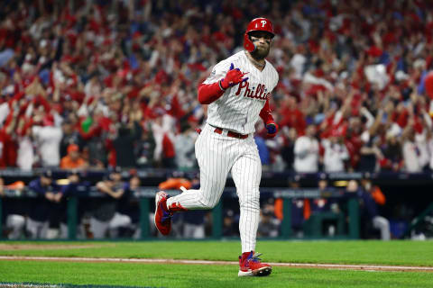 PHILADELPHIA, PENNSYLVANIA – NOVEMBER 01: Bryce Harper #3 of the Philadelphia Phillies reacts after hitting a home run against the Houston Astros during the first inning in Game Three of the 2022 World Series at Citizens Bank Park on November 01, 2022 in Philadelphia, Pennsylvania. (Photo by Tim Nwachukwu/Getty Images)