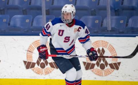 PLYMOUTH, MI – DECEMBER 11: Jake Sanderson #48 of the U.S. Nationals follows the play against the Slovakia Nationals during game two of day one of the 2018 Under-17 Four Nations Tournament game at USA Hockey Arena on December 11, 2018 in Plymouth, Michigan. USA defeated Slovakia 7-2. (Photo by Dave Reginek/Getty Images)