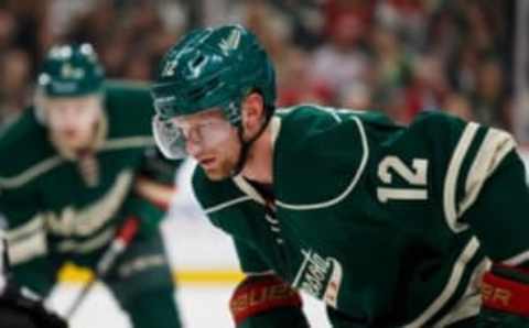 Minnesota Wild forward Eric Staal (12) takes the faceoff (Brad Rempel-USA TODAY Sports)