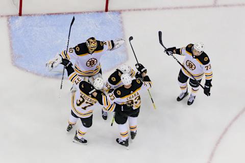 COLUMBUS, OH – MAY 06: Boston Bruins goaltender Tuukka Rask (40), Boston Bruins defenseman Zdeno Chara (33) Boston Bruins left wing Brad Marchand (63), Boston Bruins center Patrice Bergeron (37) and Boston Bruins defenseman Charlie McAvoy (73) celebrate after winning the Stanley Cup Eastern Conference semifinal playoff game between the Columbus Blue Jackets and the Boston Bruins on May 06, 2019 at Nationwide Arena in Columbus, OH. (Photo by Adam Lacy/Icon Sportswire via Getty Images)