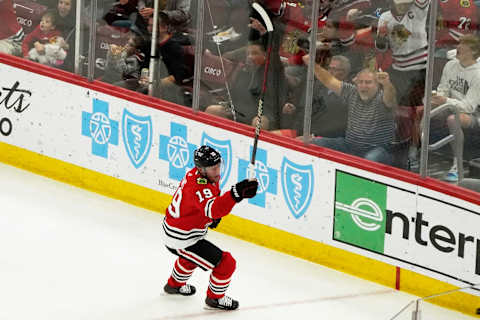 Apr 13, 2023; Chicago, Illinois, USA; Chicago Blackhawks center Jonathan Toews (19) celebrates his goal against the Philadelphia Flyers in his last game as a Blackhawk during the second period at United Center. Mandatory Credit: David Banks-USA TODAY Sports