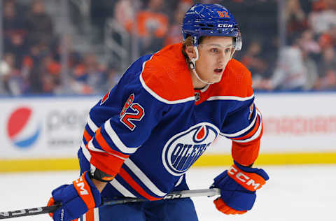 Sep 24, 2023; Edmonton, Alberta, CAN; Edmonton Oilers defensemen Beau Akey (82) skates against the Winnipeg Jets at Rogers Place. Mandatory Credit: Perry Nelson-USA TODAY Sports