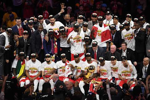 OAKLAND, CA – JUNE 13: The Toronto Raptors pose with the Larry O’Brien trophy after winning the NBA Finals against the Golden State Warriors during Game Six of the NBA Finals on June 13, 2019 at ORACLE Arena in Oakland, California. NOTE TO USER: User expressly acknowledges and agrees that, by downloading and/or using this photograph, user is consenting to the terms and conditions of Getty Images License Agreement. Mandatory Copyright Notice: Copyright 2019 NBAE (Photo by Noah Graham/NBAE via Getty Images)