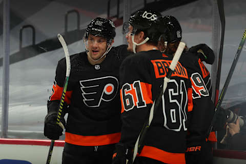 James van Riemsdyk, Justin Braun, and Nolan Patrick, Philadelphia Flyers (Photo by Mitchell Leff/Getty Images)