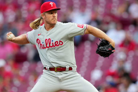 Philadelphia Phillies starting pitcher Noah Syndergaard (43) delivers a pitch in the third inning of a baseball game against the Cincinnati Reds, Monday, Aug. 15, 2022, at Great American Ball Park in Cincinnati.Philadelphia Phillies At Cincinnati Reds Aug 15 5902