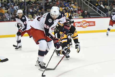 Sep 25, 2022; Pittsburgh, Pennsylvania, USA; Columbus Blue Jackets right wing Kirill Marchenko (86) moves the puck against the Pittsburgh Penguins during the second period at PPG Paints Arena. Mandatory Credit: Philip G. Pavely-USA TODAY Sports