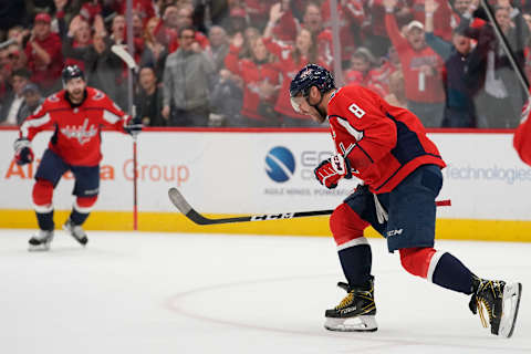 WASHINGTON, DC – FEBRUARY 04: Alex Ovechkin #8 of the Washington Capitals celebrates after scoring his first goal of the game against the Los Angeles Kings in the third period at Capital One Arena on February 04, 2020 in Washington, DC. (Photo by Patrick McDermott/NHLI via Getty Images)