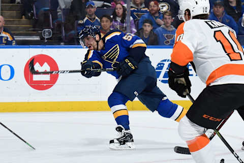 ST. LOUIS, MO – APRIL 4: David Perron #57 of the St. Louis Blues scores a goal against the Philadelphia Flyers at Enterprise Center on April 4, 2019 in St. Louis, Missouri. (Photo by Joe Puetz/NHLI via Getty Images)