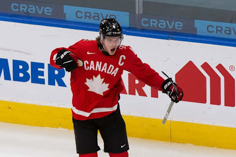 Bowen Byram #4 of Canada. (Photo by Codie McLachlan/Getty Images)