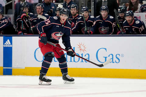 Apr 2, 2023; Columbus, Ohio, USA; Columbus Blue Jackets defenseman Tim Berni (75) looks on during the first period against the Ottawa Senators at Nationwide Arena. Mandatory Credit: Jason Mowry-USA TODAY Sports