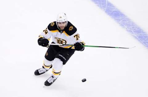 TORONTO, ONTARIO – AUGUST 09: Jake DeBrusk #74 of the Boston Bruins skates with the puck against the Washington Capitals during the second period in an Eastern Conference Round Robin game during the 2020 NHL Stanley Cup Playoffs at Scotiabank Arena on August 09, 2020 in Toronto, Ontario, Canada. (Photo by Andre Ringuette/Freestyle Photo/Getty Images)