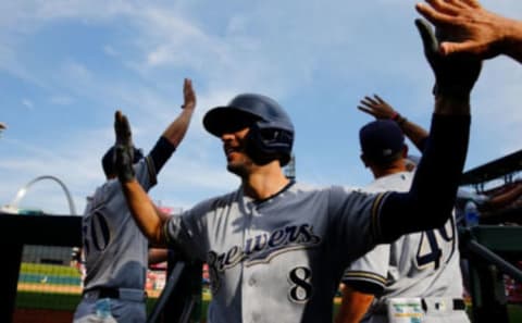 ST LOUIS, MO – SEPTEMBER 15: Ryan Braun #8 of the Milwaukee Brewers celebrates after hitting a grand slam against the St. Louis Cardinals in the eighth inning at Busch Stadium on September 15, 2019 in St Louis, Missouri. (Photo by Dilip Vishwanat/Getty Images)