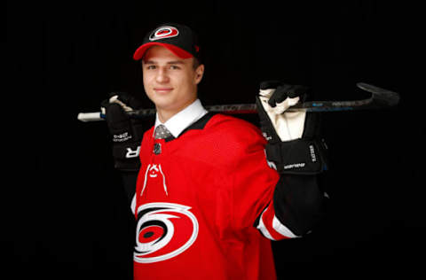 VANCOUVER, BRITISH COLUMBIA – JUNE 22: Jamieson Rees poses after being selected 44th overall by the Carolina Hurricanes during the 2019 NHL Draft at Rogers Arena on June 22, 2019 in Vancouver, Canada. (Photo by Kevin Light/Getty Images)