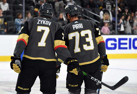 LAS VEGAS, NEVADA – SEPTEMBER 29: Valentin Zykov #7 and Brandon Pirri #73 of the Vegas Golden Knights warm up prior to a game against the San Jose Sharks at T-Mobile Arena on September 29, 2019 in Las Vegas, Nevada. (Photo by David Becker/NHLI via Getty Images)