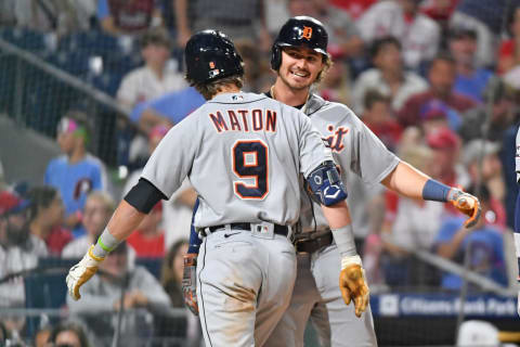 Jun 5, 2023; Philadelphia, Pennsylvania, USA; Detroit Tigers third baseman Nick Maton (9) celebrates his three-run home run with second baseman Zach McKinstry (39) against the Philadelphia Phillies during the seventh inning at Citizens Bank Park. Mandatory Credit: Eric Hartline-USA TODAY Sports