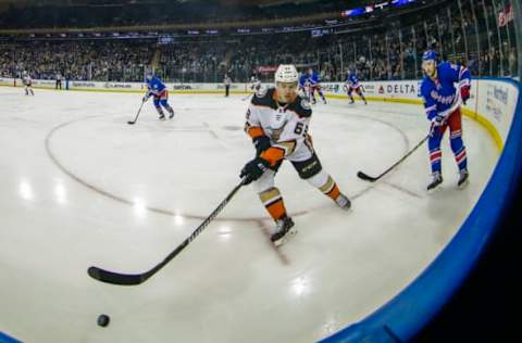 NEW YORK, NY – DECEMBER 19: Anaheim Ducks Right Wing Kevin Roy (63) skates to the puck during the Anaheim Ducks and New York Rangers game on December 19, 2017. (Photo by John Crouch/Icon Sportswire via Getty Images)