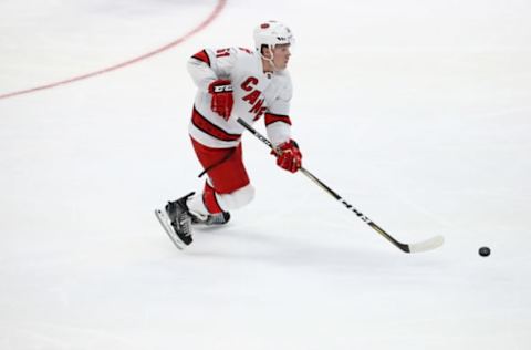 DALLAS, TEXAS – FEBRUARY 11: Jake Gardiner #51 of the Carolina Hurricanes in the third period at American Airlines Center on February 11, 2020 in Dallas, Texas. (Photo by Ronald Martinez/Getty Images)