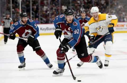 DENVER, CO – APRIL 22: Gabriel Landeskog #92 of the Colorado Avalanche advances the puck against the Nashville Predators in Game Six of the Western Conference First Round during the 2018 NHL Stanley Cup Playoffs at the Pepsi Center on April 22, 2018 in Denver, Colorado. (Photo by Matthew Stockman/Getty Images)