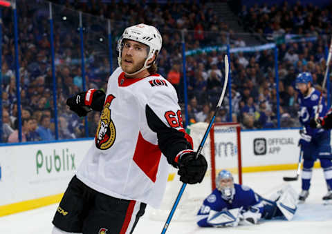 TAMPA, FL – MARCH 13: Goalie Andrei Vasilevskiy #88 of the Tampa Bay Lightning watches Mike Hoffman #68 of the Ottawa Senators celebrate a goal during the second period at Amalie Arena on March 13, 2018 in Tampa, Florida. (Photo by Scott Audette/NHLI via Getty Images)