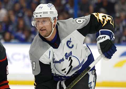 Nov 3, 2022; Tampa, Florida, USA; Tampa Bay Lightning center Steven Stamkos (91) against the Carolina Hurricanes during the second period at Amalie Arena. Mandatory Credit: Kim Klement-USA TODAY Sports