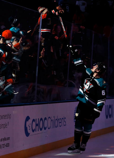 ANAHEIM, CA – APRIL 3: Rickard Rakell #67 of the Anaheim Ducks hands his stick to a fan as the game’s third star following a 3-1 win over the Calgary Flames on April 3, 2019 at Honda Center in Anaheim, California. (Photo by Debora Robinson/NHLI via Getty Images)