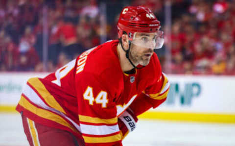 May 11, 2022; Calgary, Alberta, CAN; Calgary Flames defenseman Erik Gudbranson (44) during the third period against the Dallas Stars in game five of the first round of the 2022 Stanley Cup Playoffs at Scotiabank Saddledome. Mandatory Credit: Sergei Belski-USA TODAY Sports